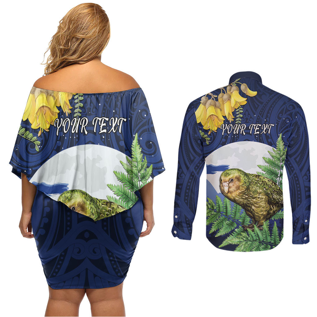 Kakapo New Zealand Personalised Couples Matching Off Shoulder Short Dress and Long Sleeve Button Shirt Kowhai Flower Silver Fern Maori Pattern