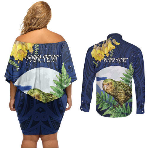 Kakapo New Zealand Personalised Couples Matching Off Shoulder Short Dress and Long Sleeve Button Shirt Kowhai Flower Silver Fern Maori Pattern