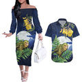 Kakapo New Zealand Personalised Couples Matching Off The Shoulder Long Sleeve Dress and Hawaiian Shirt Kowhai Flower Silver Fern Maori Pattern