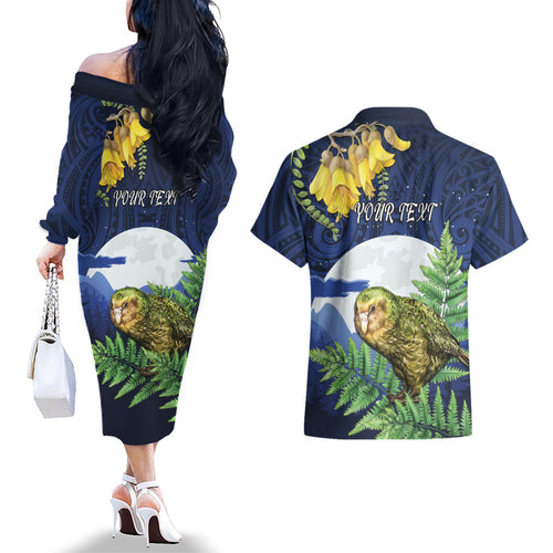Kakapo New Zealand Personalised Couples Matching Off The Shoulder Long Sleeve Dress and Hawaiian Shirt Kowhai Flower Silver Fern Maori Pattern