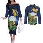 Kakapo New Zealand Personalised Couples Matching Off The Shoulder Long Sleeve Dress and Long Sleeve Button Shirt Kowhai Flower Silver Fern Maori Pattern