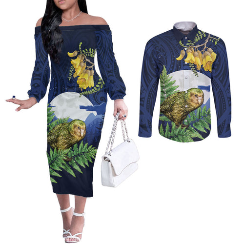 Kakapo New Zealand Personalised Couples Matching Off The Shoulder Long Sleeve Dress and Long Sleeve Button Shirt Kowhai Flower Silver Fern Maori Pattern