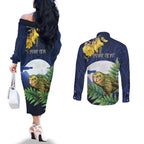 Kakapo New Zealand Personalised Couples Matching Off The Shoulder Long Sleeve Dress and Long Sleeve Button Shirt Kowhai Flower Silver Fern Maori Pattern
