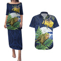 Kakapo New Zealand Personalised Couples Matching Puletasi and Hawaiian Shirt Kowhai Flower Silver Fern Maori Pattern