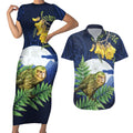 Kakapo New Zealand Personalised Couples Matching Short Sleeve Bodycon Dress and Hawaiian Shirt Kowhai Flower Silver Fern Maori Pattern