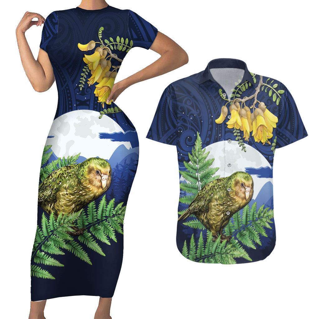 Kakapo New Zealand Personalised Couples Matching Short Sleeve Bodycon Dress and Hawaiian Shirt Kowhai Flower Silver Fern Maori Pattern