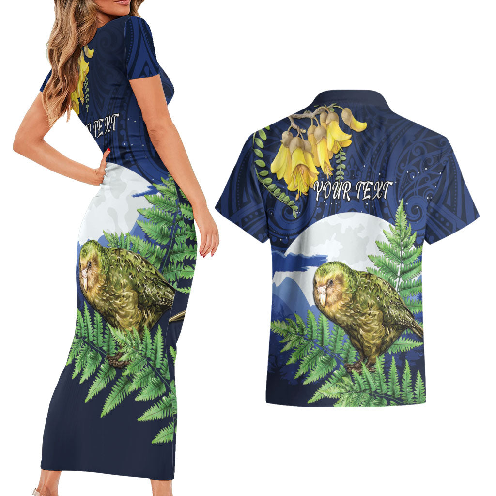 Kakapo New Zealand Personalised Couples Matching Short Sleeve Bodycon Dress and Hawaiian Shirt Kowhai Flower Silver Fern Maori Pattern