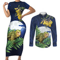 Kakapo New Zealand Personalised Couples Matching Short Sleeve Bodycon Dress and Long Sleeve Button Shirt Kowhai Flower Silver Fern Maori Pattern