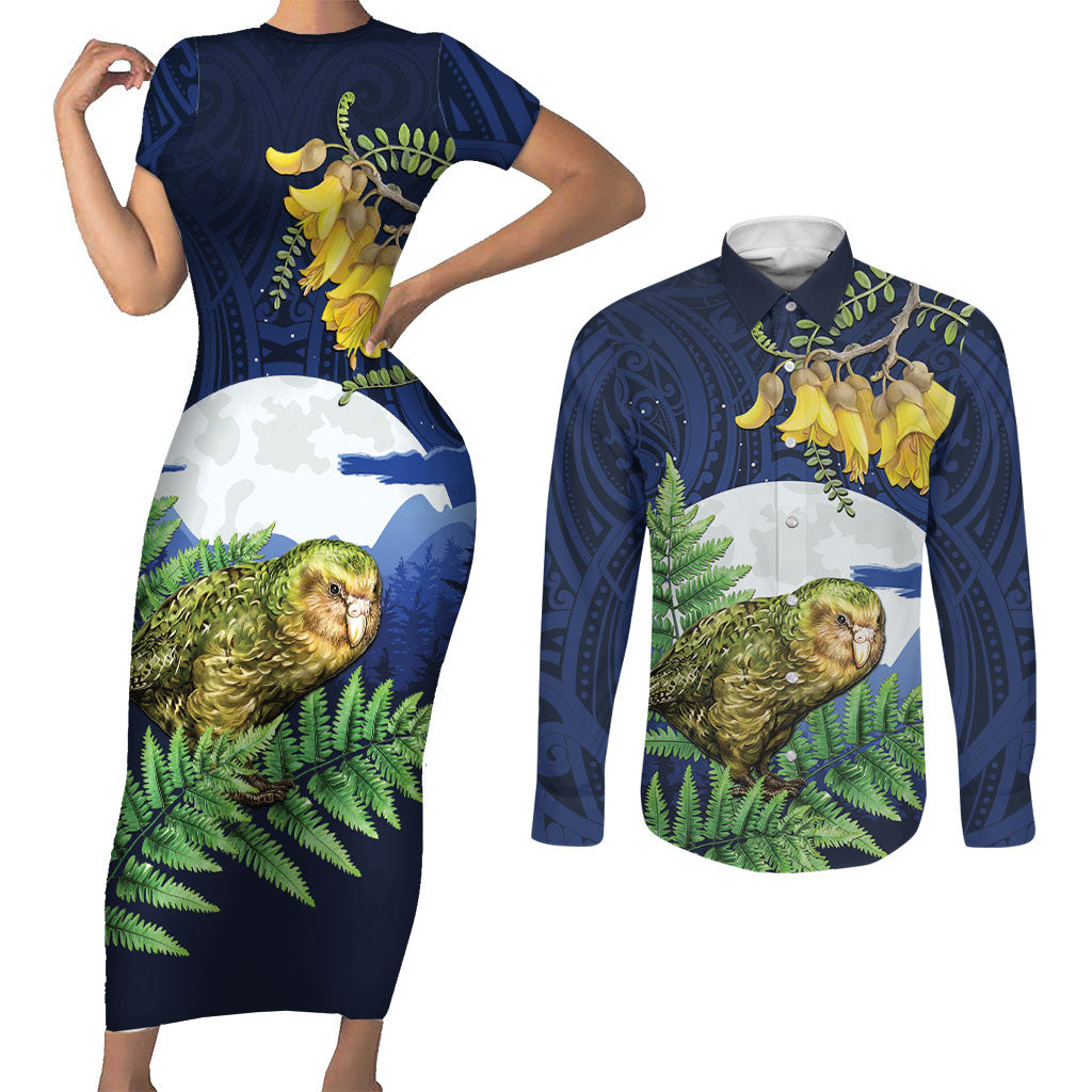 Kakapo New Zealand Personalised Couples Matching Short Sleeve Bodycon Dress and Long Sleeve Button Shirt Kowhai Flower Silver Fern Maori Pattern