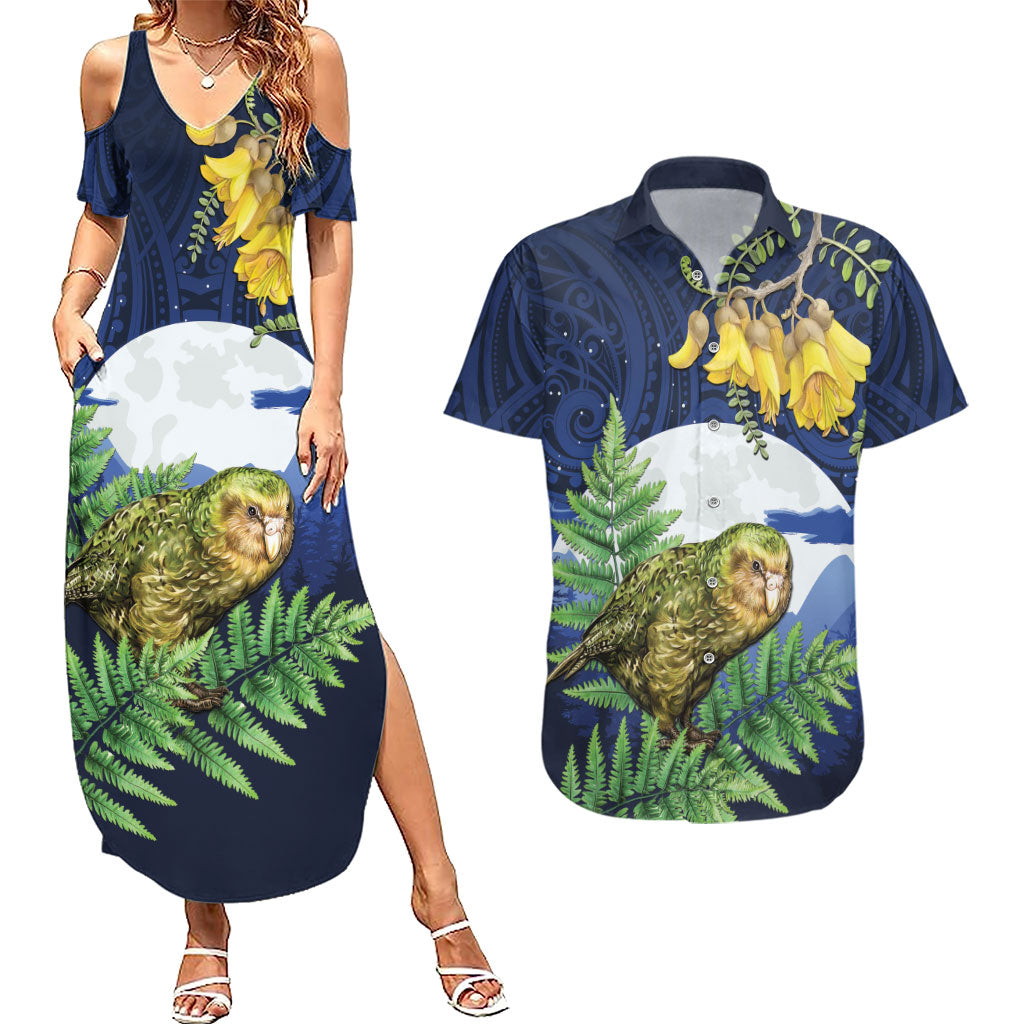 Kakapo New Zealand Personalised Couples Matching Summer Maxi Dress and Hawaiian Shirt Kowhai Flower Silver Fern Maori Pattern