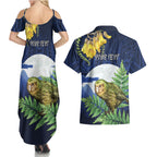Kakapo New Zealand Personalised Couples Matching Summer Maxi Dress and Hawaiian Shirt Kowhai Flower Silver Fern Maori Pattern