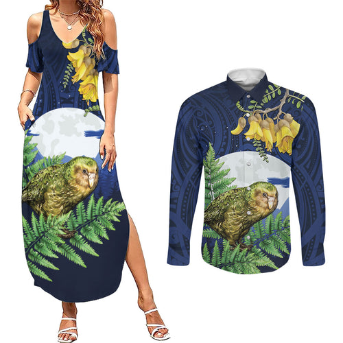Kakapo New Zealand Personalised Couples Matching Summer Maxi Dress and Long Sleeve Button Shirt Kowhai Flower Silver Fern Maori Pattern