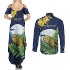 Kakapo New Zealand Personalised Couples Matching Summer Maxi Dress and Long Sleeve Button Shirt Kowhai Flower Silver Fern Maori Pattern