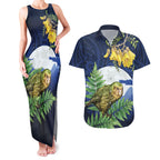 Kakapo New Zealand Personalised Couples Matching Tank Maxi Dress and Hawaiian Shirt Kowhai Flower Silver Fern Maori Pattern