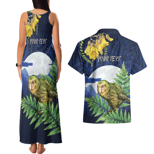 Kakapo New Zealand Personalised Couples Matching Tank Maxi Dress and Hawaiian Shirt Kowhai Flower Silver Fern Maori Pattern