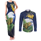 Kakapo New Zealand Personalised Couples Matching Tank Maxi Dress and Long Sleeve Button Shirt Kowhai Flower Silver Fern Maori Pattern