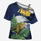 Kakapo New Zealand Personalised Cross Shoulder Shirt Kowhai Flower Silver Fern Maori Pattern