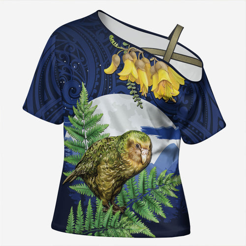 Kakapo New Zealand Personalised Cross Shoulder Shirt Kowhai Flower Silver Fern Maori Pattern
