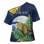 Kakapo New Zealand Personalised Cross Shoulder Shirt Kowhai Flower Silver Fern Maori Pattern