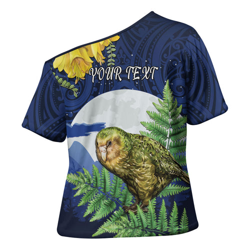 Kakapo New Zealand Personalised Cross Shoulder Shirt Kowhai Flower Silver Fern Maori Pattern