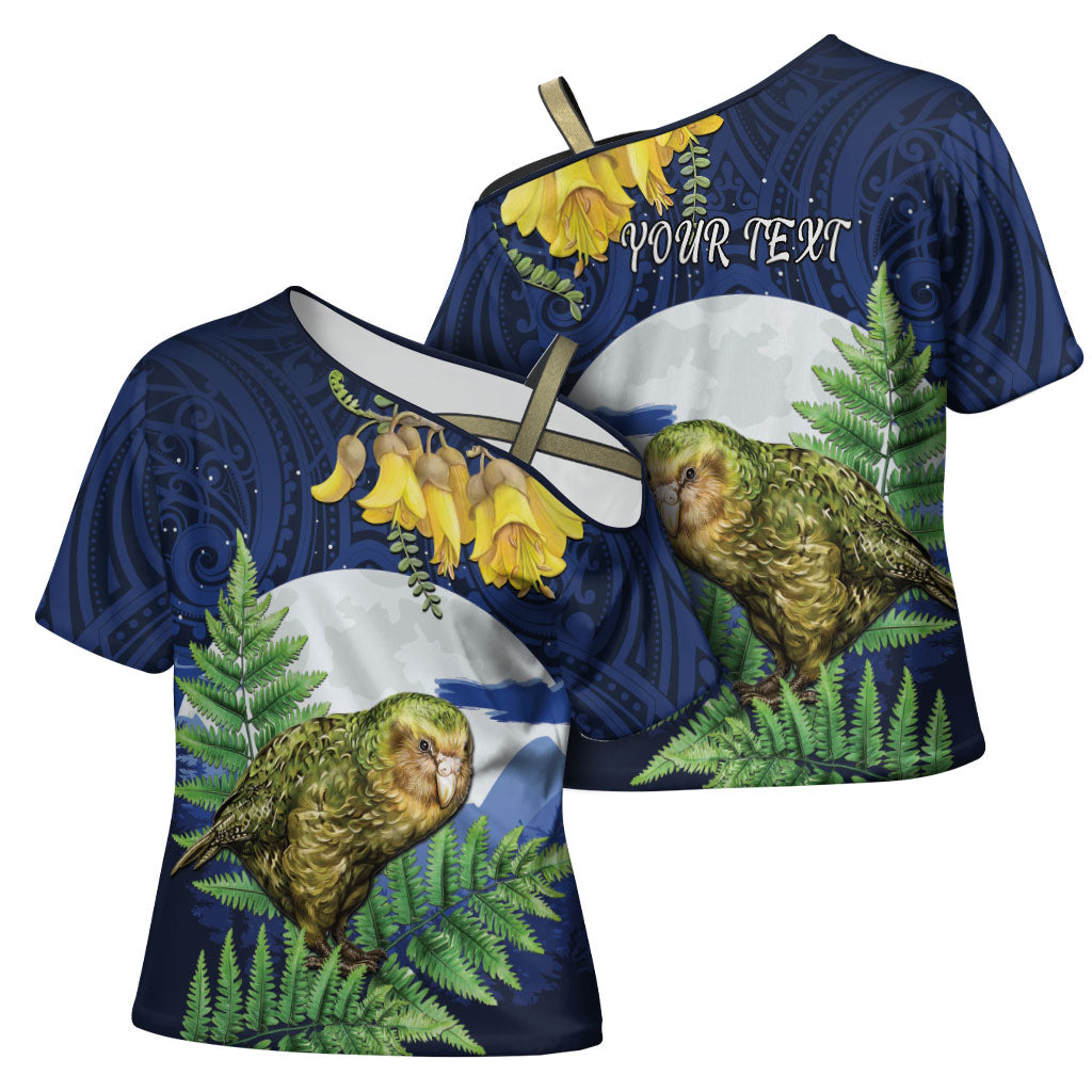Kakapo New Zealand Personalised Cross Shoulder Shirt Kowhai Flower Silver Fern Maori Pattern