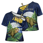 Kakapo New Zealand Personalised Cross Shoulder Shirt Kowhai Flower Silver Fern Maori Pattern