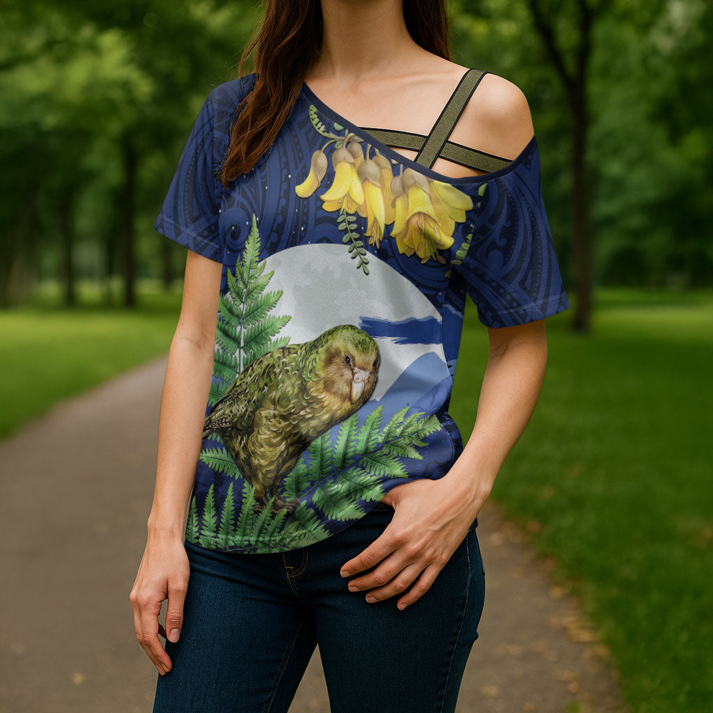 Kakapo New Zealand Personalised Cross Shoulder Shirt Kowhai Flower Silver Fern Maori Pattern