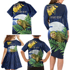 Kakapo New Zealand Personalised Family Matching Long Sleeve Bodycon Dress and Hawaiian Shirt Kowhai Flower Silver Fern Maori Pattern