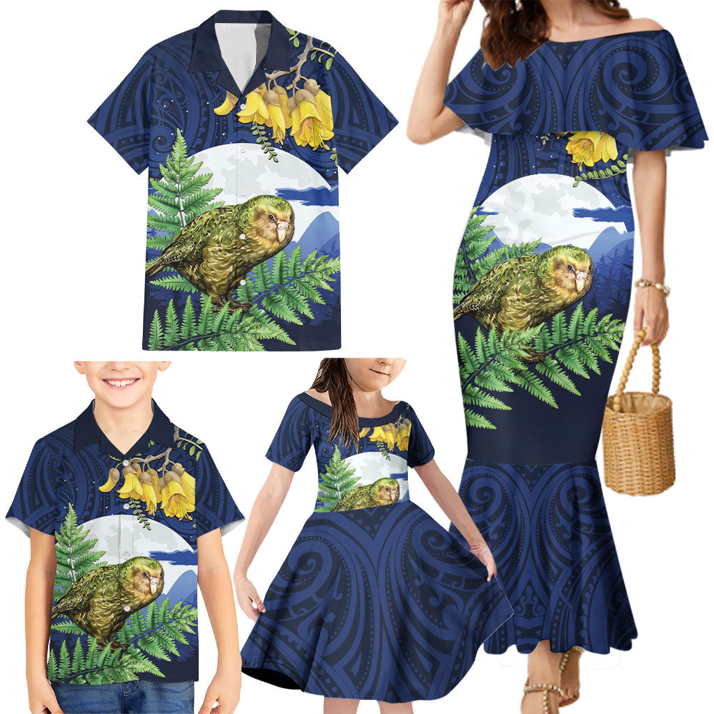 Kakapo New Zealand Personalised Family Matching Mermaid Dress and Hawaiian Shirt Kowhai Flower Silver Fern Maori Pattern
