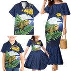 Kakapo New Zealand Personalised Family Matching Mermaid Dress and Hawaiian Shirt Kowhai Flower Silver Fern Maori Pattern