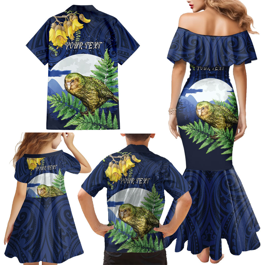 Kakapo New Zealand Personalised Family Matching Mermaid Dress and Hawaiian Shirt Kowhai Flower Silver Fern Maori Pattern