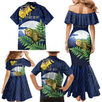 Kakapo New Zealand Personalised Family Matching Mermaid Dress and Hawaiian Shirt Kowhai Flower Silver Fern Maori Pattern