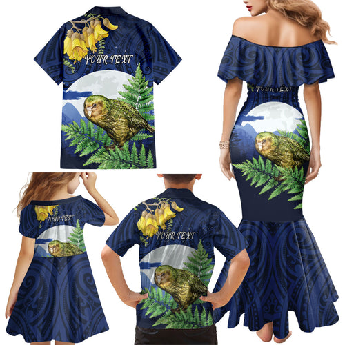 Kakapo New Zealand Personalised Family Matching Mermaid Dress and Hawaiian Shirt Kowhai Flower Silver Fern Maori Pattern
