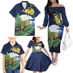 Kakapo New Zealand Personalised Family Matching Off The Shoulder Long Sleeve Dress and Hawaiian Shirt Kowhai Flower Silver Fern Maori Pattern