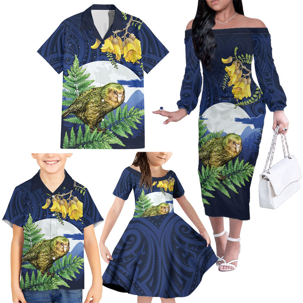 Kakapo New Zealand Personalised Family Matching Off The Shoulder Long Sleeve Dress and Hawaiian Shirt Kowhai Flower Silver Fern Maori Pattern