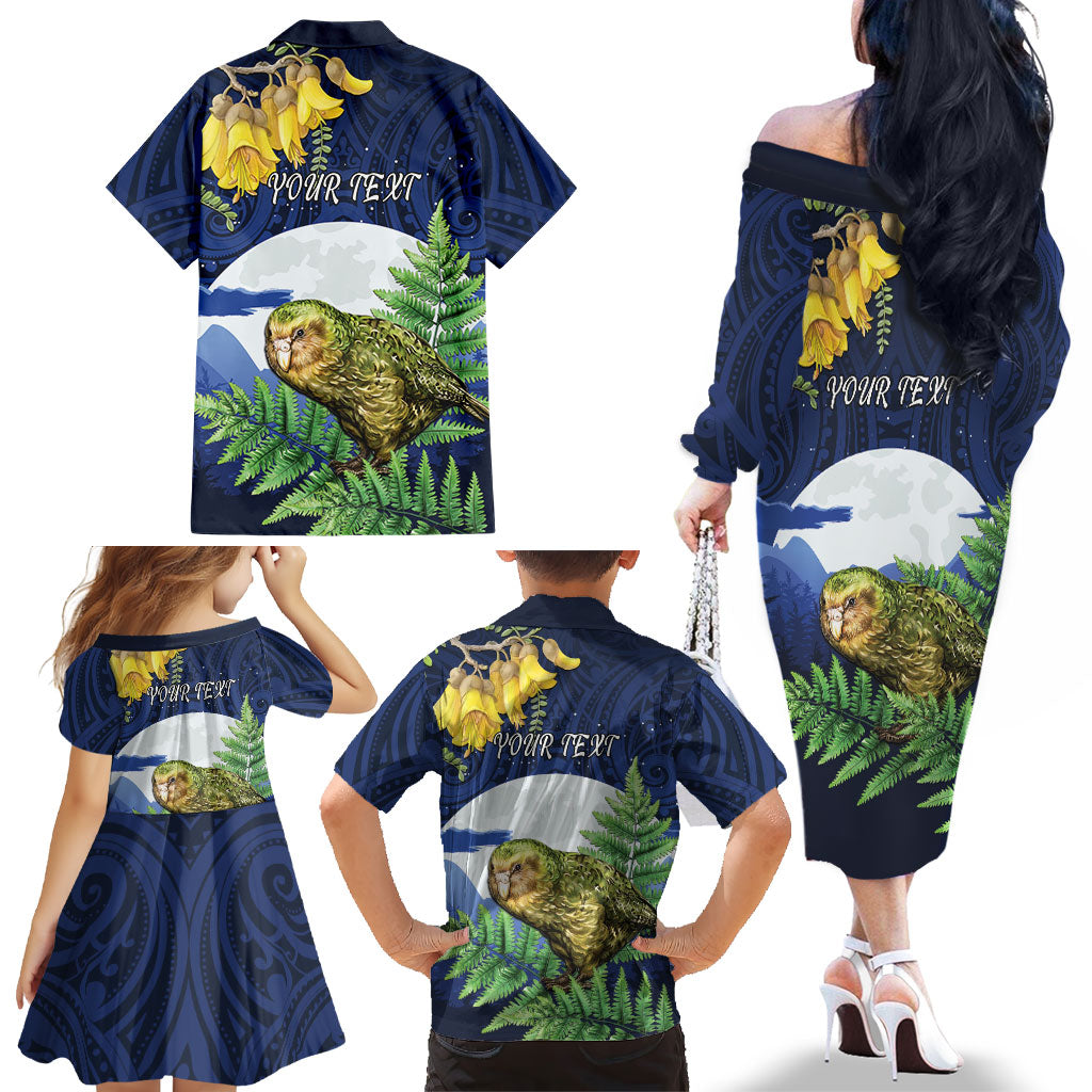Kakapo New Zealand Personalised Family Matching Off The Shoulder Long Sleeve Dress and Hawaiian Shirt Kowhai Flower Silver Fern Maori Pattern