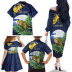 Kakapo New Zealand Personalised Family Matching Off The Shoulder Long Sleeve Dress and Hawaiian Shirt Kowhai Flower Silver Fern Maori Pattern
