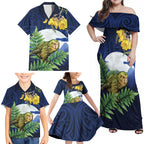 Kakapo New Zealand Personalised Family Matching Off Shoulder Maxi Dress and Hawaiian Shirt Kowhai Flower Silver Fern Maori Pattern