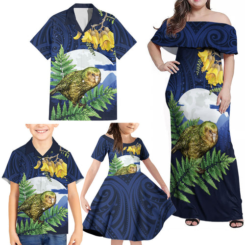 Kakapo New Zealand Personalised Family Matching Off Shoulder Maxi Dress and Hawaiian Shirt Kowhai Flower Silver Fern Maori Pattern