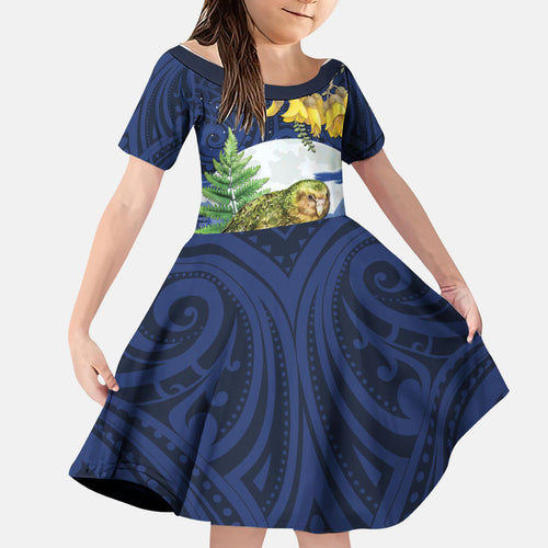 Kakapo New Zealand Personalised Family Matching Off Shoulder Maxi Dress and Hawaiian Shirt Kowhai Flower Silver Fern Maori Pattern