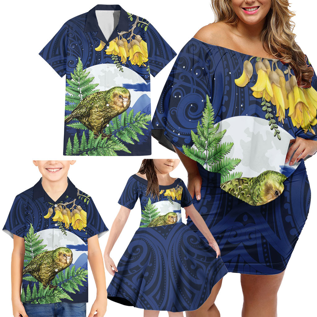 Kakapo New Zealand Personalised Family Matching Off Shoulder Short Dress and Hawaiian Shirt Kowhai Flower Silver Fern Maori Pattern