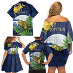 Kakapo New Zealand Personalised Family Matching Off Shoulder Short Dress and Hawaiian Shirt Kowhai Flower Silver Fern Maori Pattern