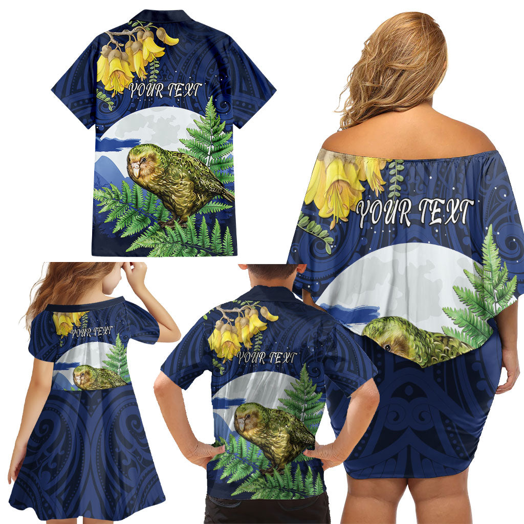 Kakapo New Zealand Personalised Family Matching Off Shoulder Short Dress and Hawaiian Shirt Kowhai Flower Silver Fern Maori Pattern