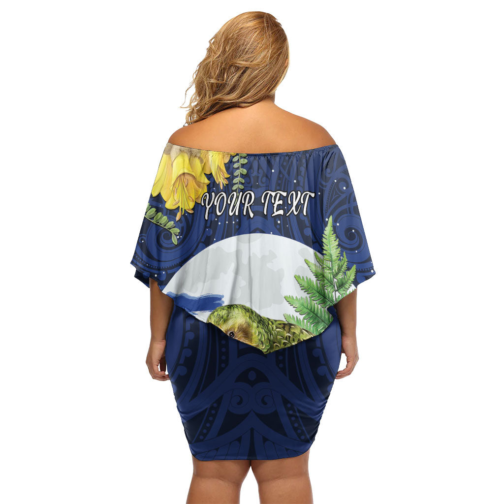 Kakapo New Zealand Personalised Family Matching Off Shoulder Short Dress and Hawaiian Shirt Kowhai Flower Silver Fern Maori Pattern
