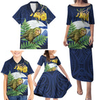 Kakapo New Zealand Personalised Family Matching Puletasi and Hawaiian Shirt Kowhai Flower Silver Fern Maori Pattern
