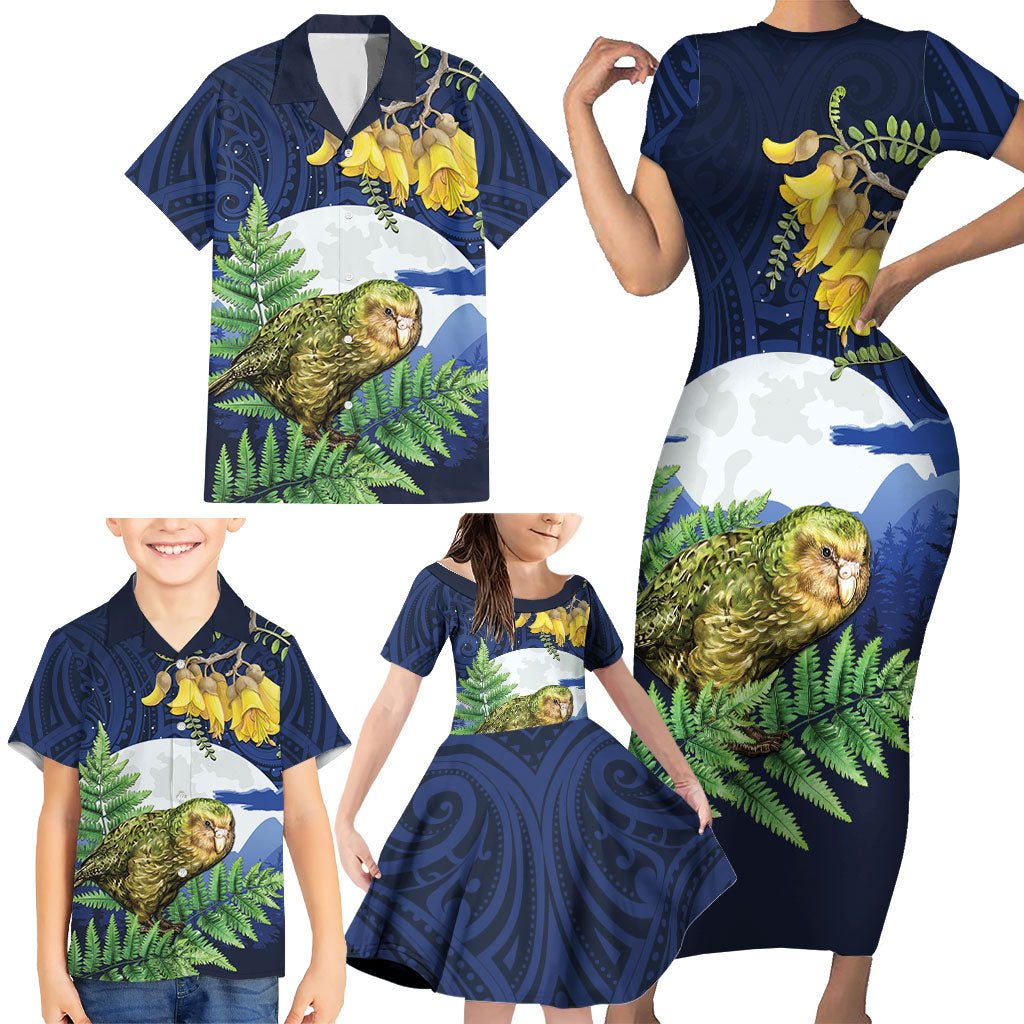 Kakapo New Zealand Personalised Family Matching Short Sleeve Bodycon Dress and Hawaiian Shirt Kowhai Flower Silver Fern Maori Pattern