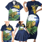 Kakapo New Zealand Personalised Family Matching Short Sleeve Bodycon Dress and Hawaiian Shirt Kowhai Flower Silver Fern Maori Pattern