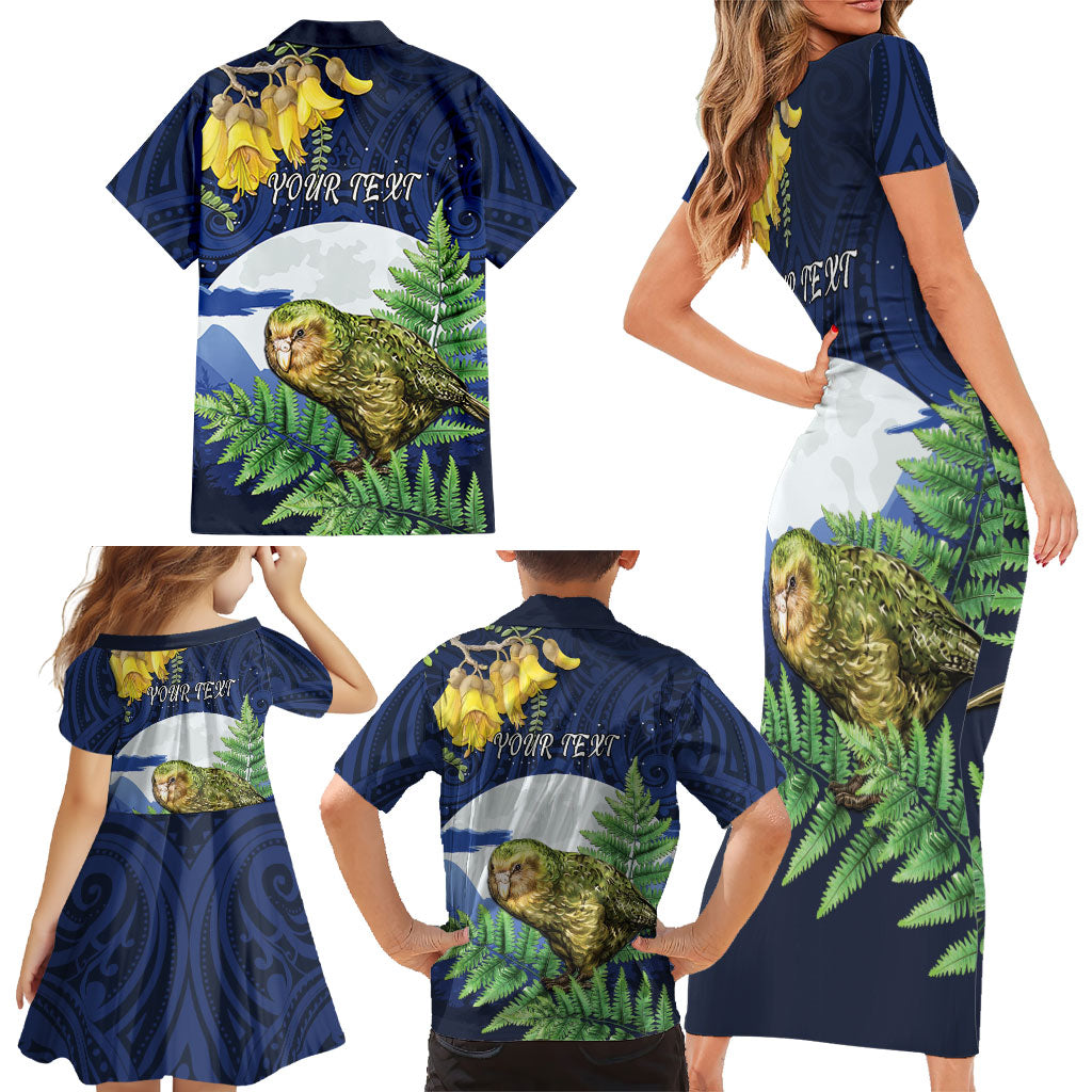 Kakapo New Zealand Personalised Family Matching Short Sleeve Bodycon Dress and Hawaiian Shirt Kowhai Flower Silver Fern Maori Pattern