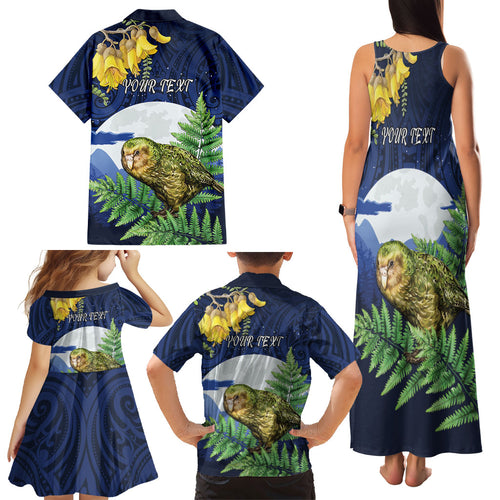 Kakapo New Zealand Personalised Family Matching Tank Maxi Dress and Hawaiian Shirt Kowhai Flower Silver Fern Maori Pattern