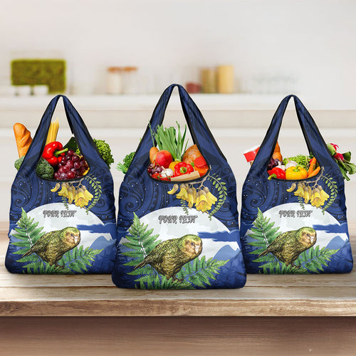 Kakapo New Zealand Personalised Grocery Bag Kowhai Flower Silver Fern Maori Pattern